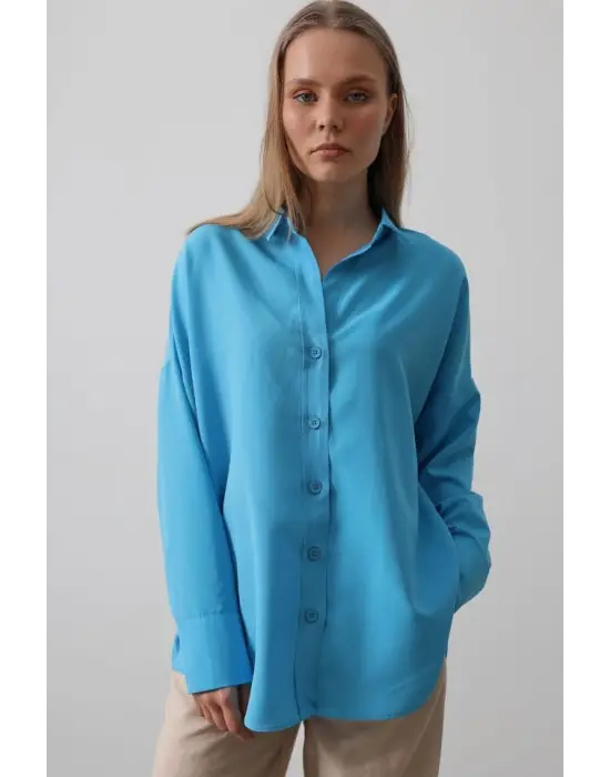 Geniş Manşet Detaylı Gömlek - Turkuaz