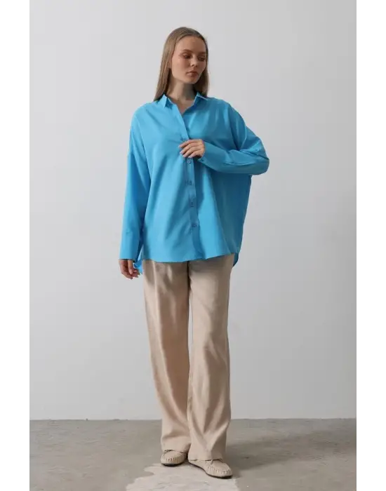 Geniş Manşet Detaylı Gömlek - Turkuaz