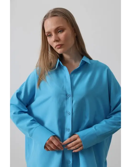 Geniş Manşet Detaylı Gömlek - Turkuaz