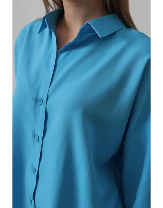 Geniş Manşet Detaylı Gömlek - Turkuaz