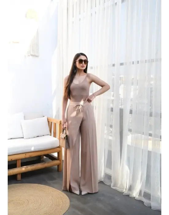 Omarı Keten Çapraz Parçalı Geniş Paça Pantolon