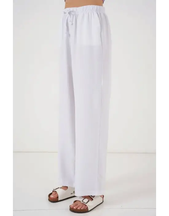 Geniş Paça Keten Pantolon 6735 - Beyaz