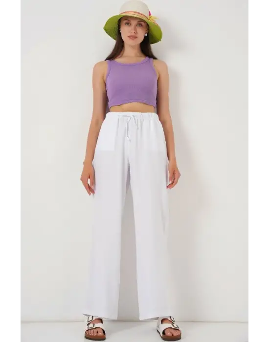 Geniş Paça Keten Pantolon 6735 - Beyaz