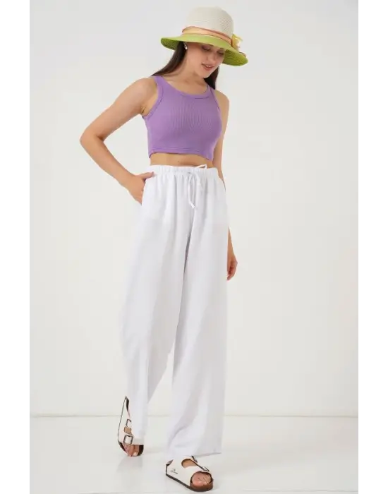 Geniş Paça Keten Pantolon 6735 - Beyaz