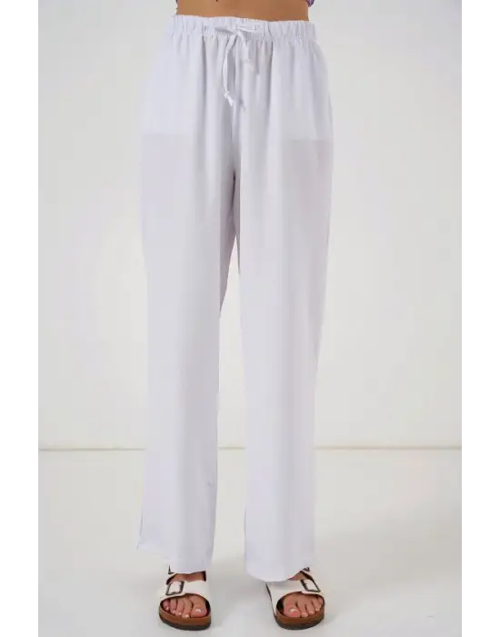 Geniş Paça Keten Pantolon 6735 - Beyaz
