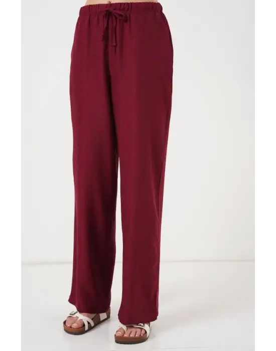 Geniş Paça Keten Pantolon 6735 - Bordo