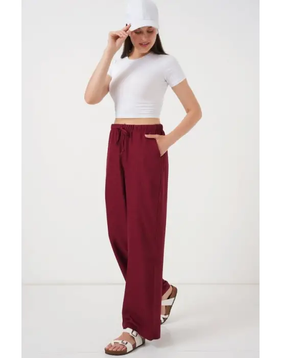 Geniş Paça Keten Pantolon 6735 - Bordo