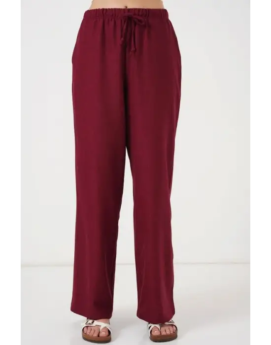 Geniş Paça Keten Pantolon 6735 - Bordo
