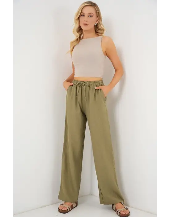 Geniş Paça Keten Pantolon 6735 - Çağla