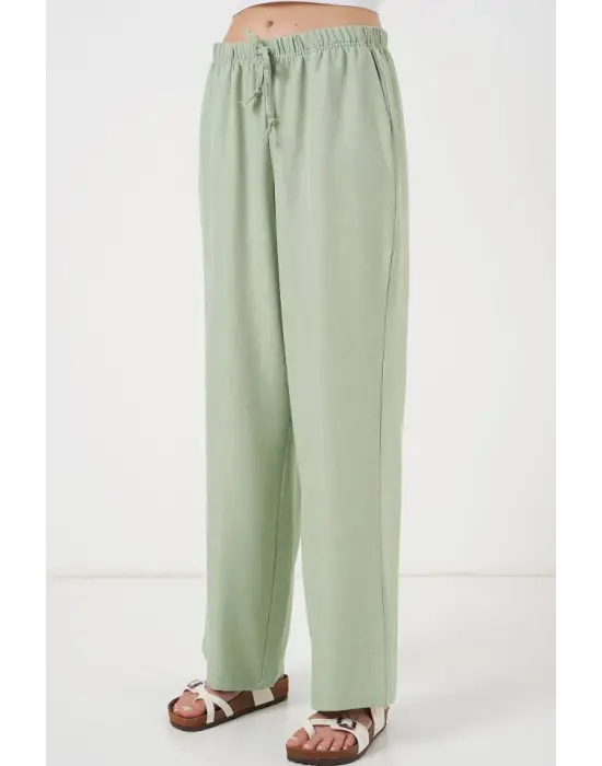Geniş Paça Keten Pantolon 6735 - E.Yeşil