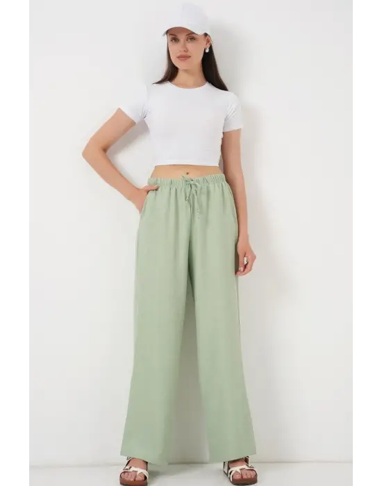 Geniş Paça Keten Pantolon 6735 - E.Yeşil