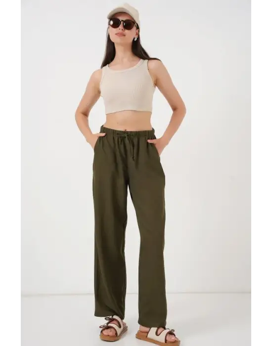 Geniş Paça Keten Pantolon 6735 - Haki