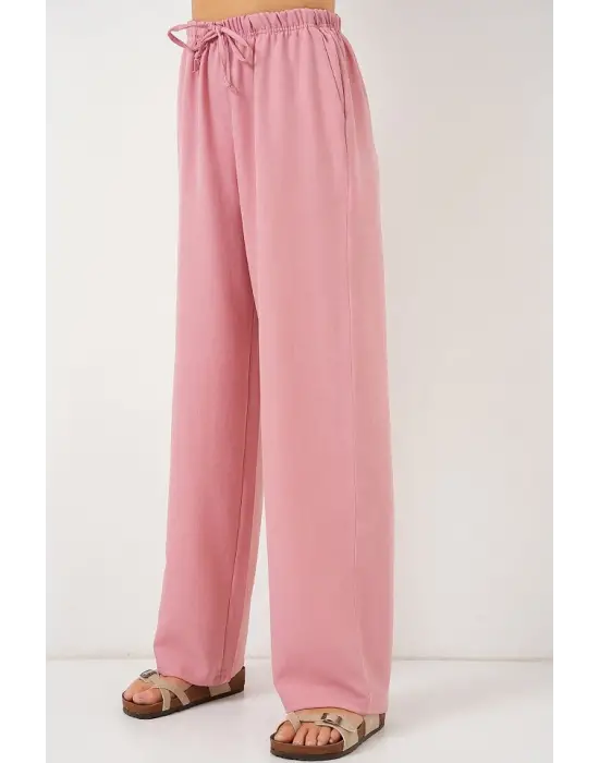 Geniş Paça Keten Pantolon 6735 - Pudra