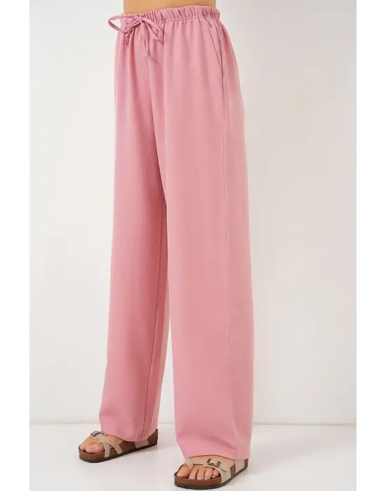 Geniş Paça Keten Pantolon 6735 - Pudra