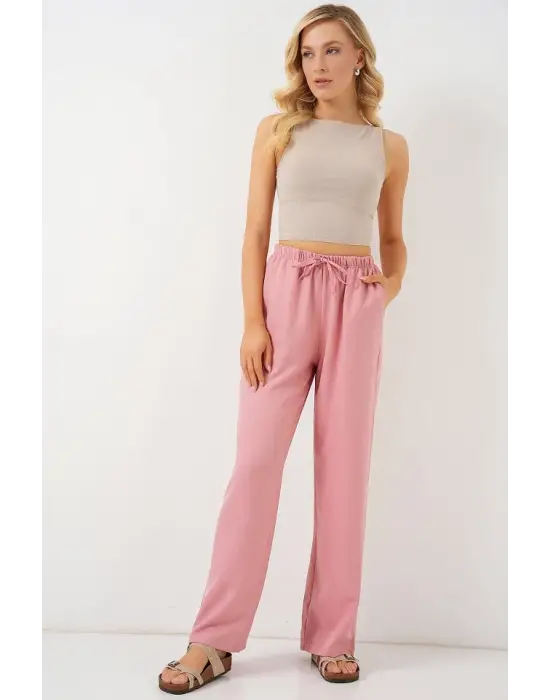 Geniş Paça Keten Pantolon 6735 - Pudra