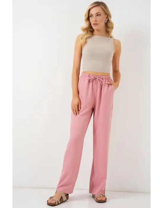 Geniş Paça Keten Pantolon 6735 - Pudra