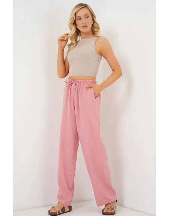 Geniş Paça Keten Pantolon 6735 - Pudra