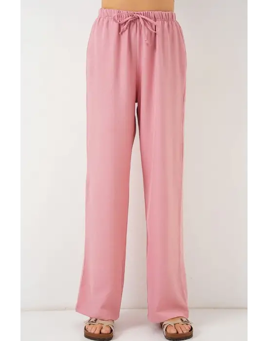 Geniş Paça Keten Pantolon 6735 - Pudra