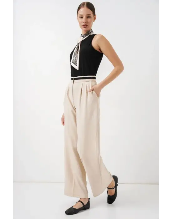 Geniş Paça Kumaş Pantolon 30088 - Krem