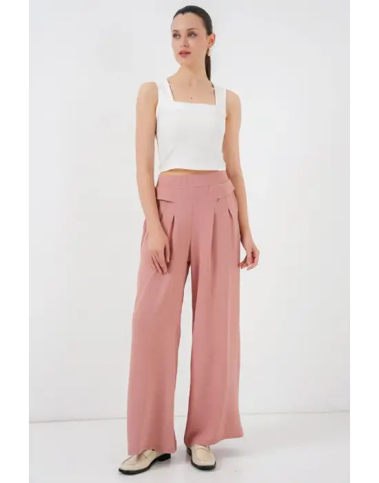 Geniş Paça Pileli Pantolon 6718 - Gül Kurusu