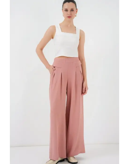 Geniş Paça Pileli Pantolon 6718 - Gül Kurusu