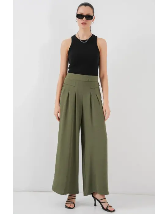 Geniş Paça Pileli Pantolon 6718 - Haki
