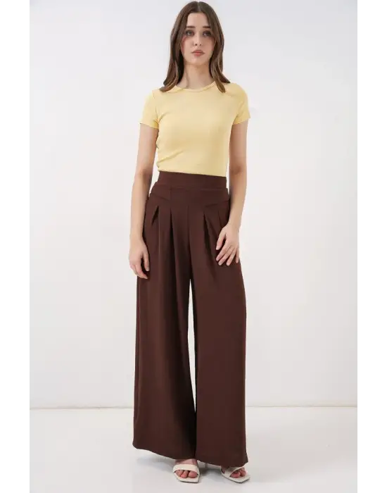 Geniş Paça Pileli Pantolon 6718 - Kahverengi