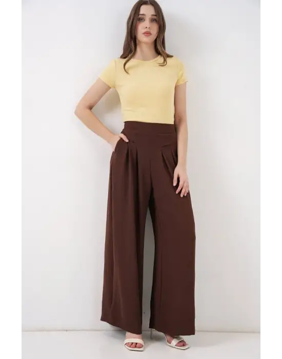 Geniş Paça Pileli Pantolon 6718 - Kahverengi
