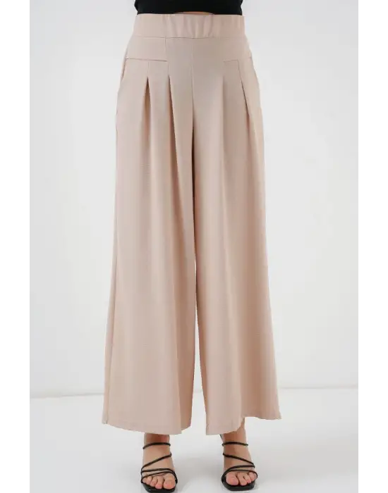 Geniş Paça Pileli Pantolon 6718 - Krem