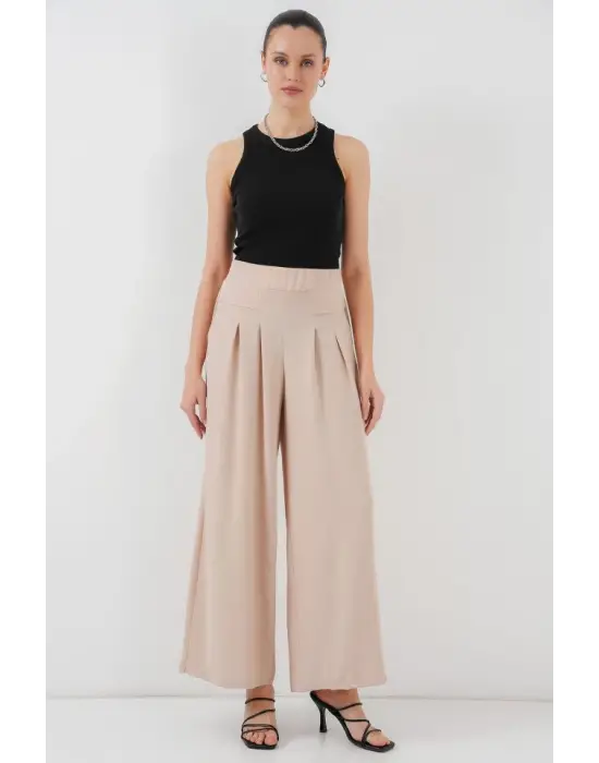 Geniş Paça Pileli Pantolon 6718 - Krem