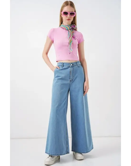 Geniş Paça Yüksek Bel Kot Pantolon 30080 - Açık Mavi
