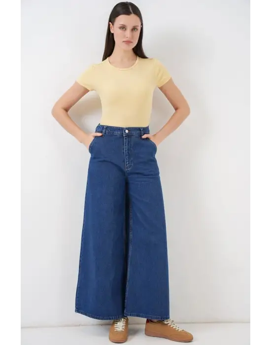 Geniş Paça Yüksek Bel Kot Pantolon 30080 - Mavi
