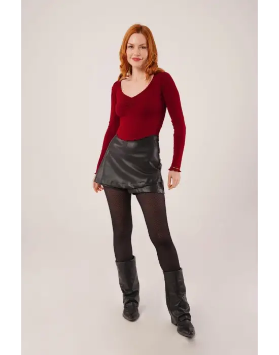 Geniş Yaka Bordo Basic Body Bluz