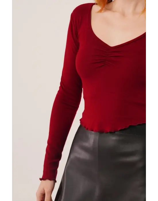 Geniş Yaka Bordo Basic Body Bluz
