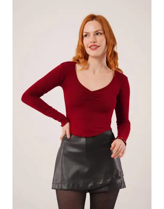 Geniş Yaka Bordo Basic Body Bluz