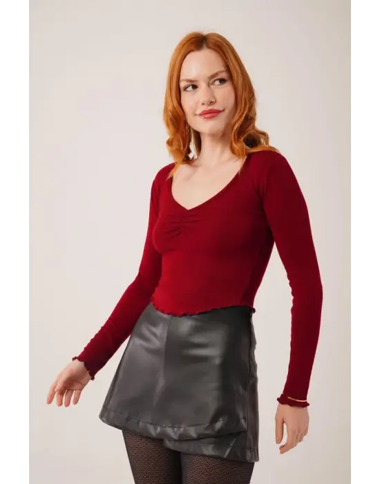 Geniş Yaka Bordo Basic Body Bluz