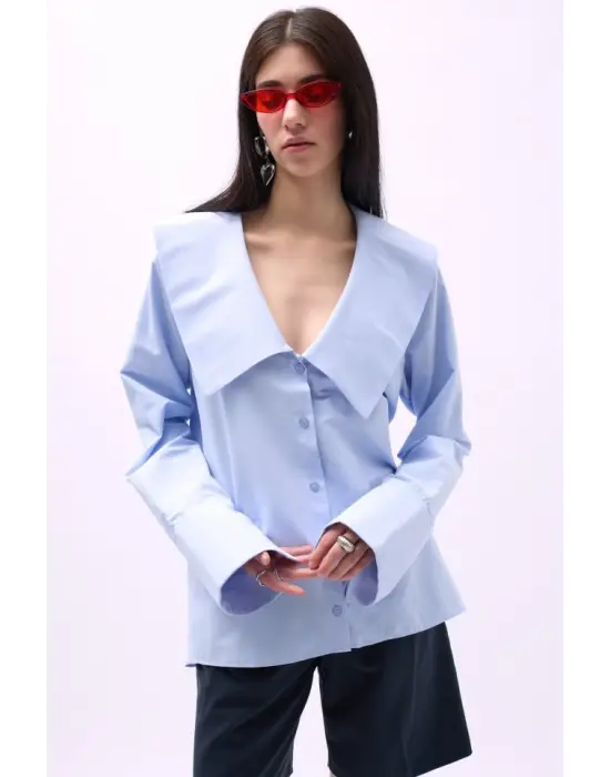 Geniş Yaka Volan Kol Gömlek