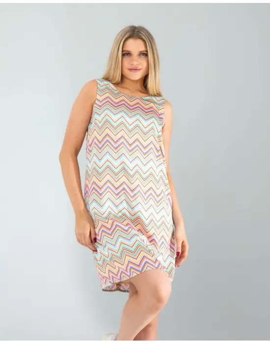 Omarı Zarif Geometrik Desenli Saten Elbise