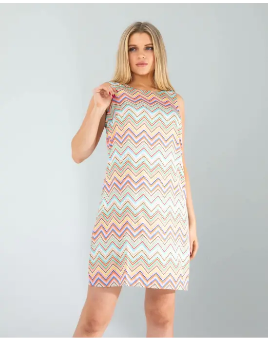 Omarı Zarif Geometrik Desenli Saten Elbise