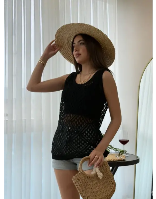 Omarı Geometrik Desenli Kadın Askılı Triko Bluz