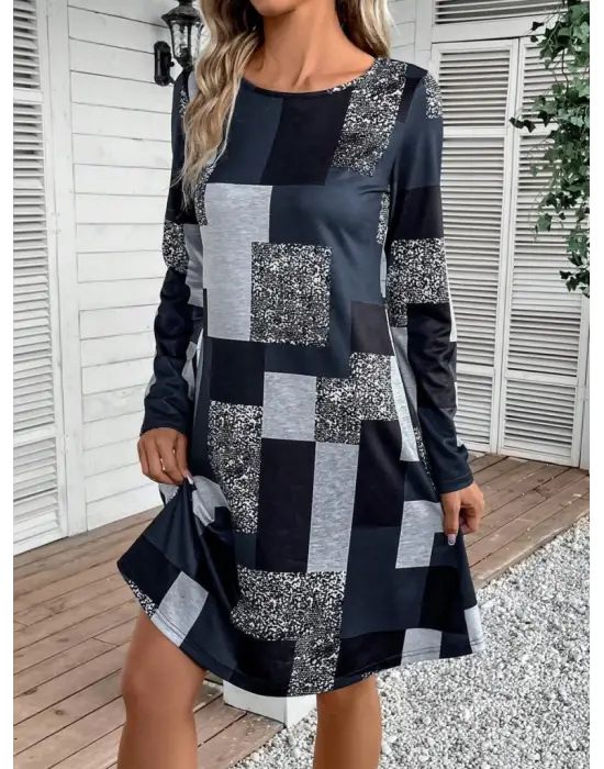 Omarı Modern Geometrik Desenli Uzun Kollu Elbise