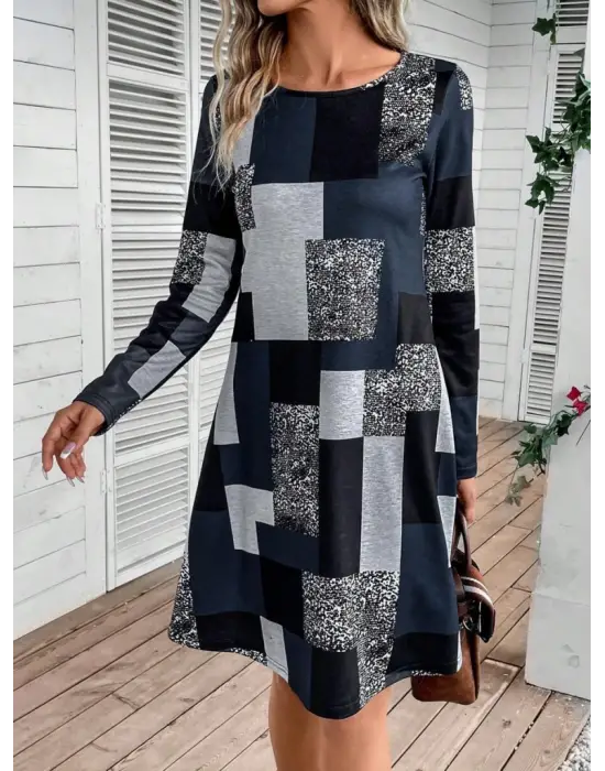 Omarı Modern Geometrik Desenli Uzun Kollu Elbise