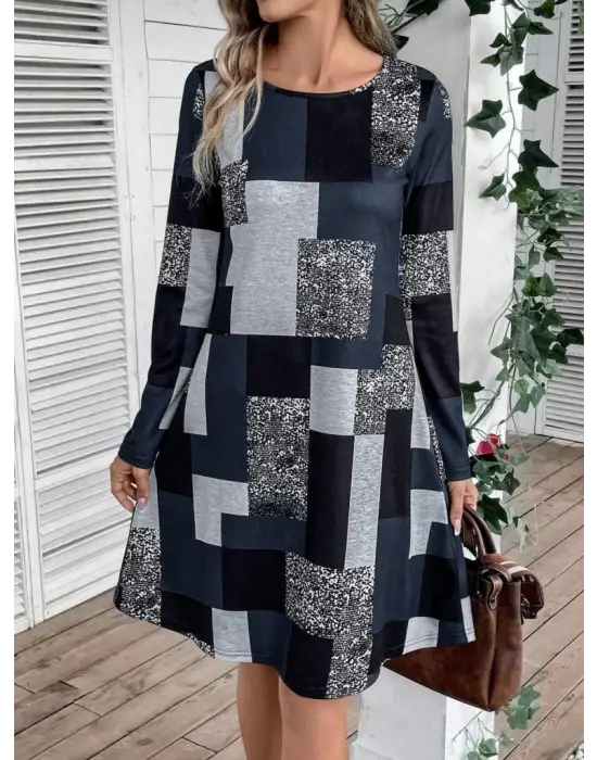 Omarı Modern Geometrik Desenli Uzun Kollu Elbise