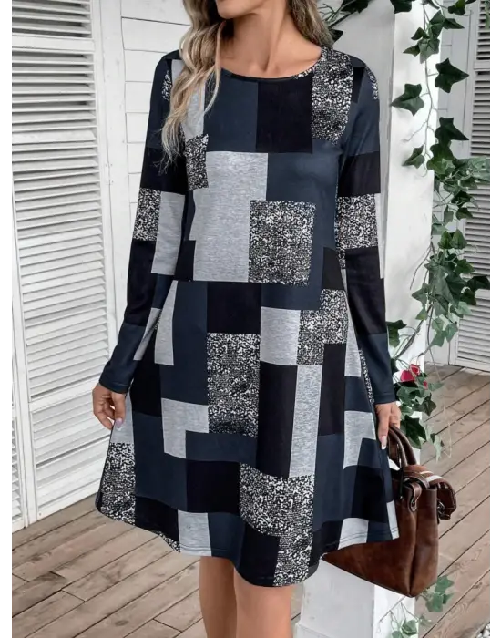 Omarı Modern Geometrik Desenli Uzun Kollu Elbise