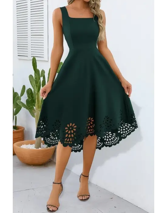 Omarı Elegan Geometrik Yaka Çiçek Desenli Elbise