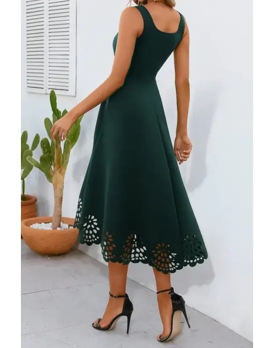 Omarı Elegan Geometrik Yaka Çiçek Desenli Elbise