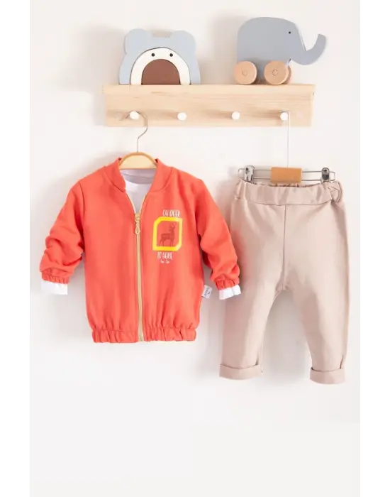 Geyik Desenli Hırkalı 3lü Erkek Bebek Takım