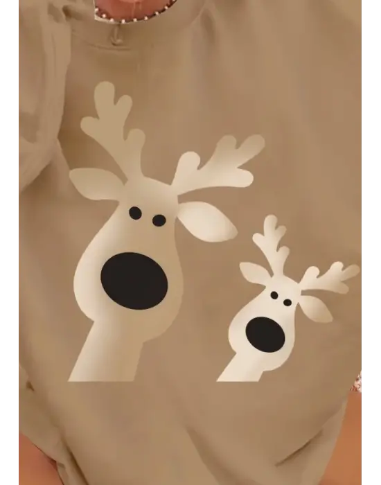 Omarı Şık Geyik Desenli Uzun Kollu Bluz