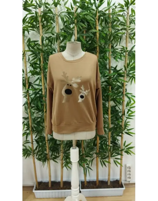 Omarı Şık Geyik Desenli Uzun Kollu Bluz