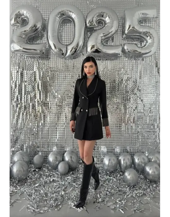 Omarı Şık Taşlı Ceket Elbise